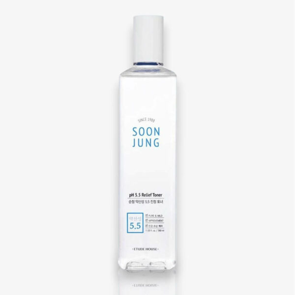 Etude Soon Jung pH5.5 Relief Toner 200ml, toner doux à pH équilibré, conçu pour apaiser, hydrater et renforcer la barrière cutanée des peaux sensibles.
