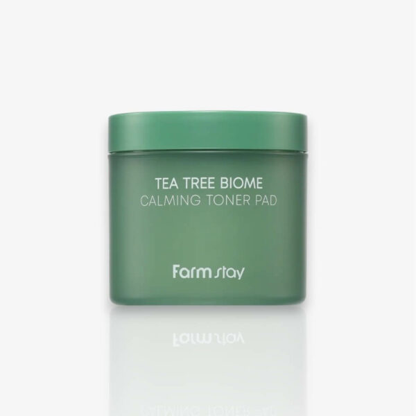 Farmstay Tea Tree Biome Calming Toner Pad 140ml, disques tonifiants infusés à l'extrait de théier, pour apaiser, hydrater et purifier la peau tout en réduisant les irritations.