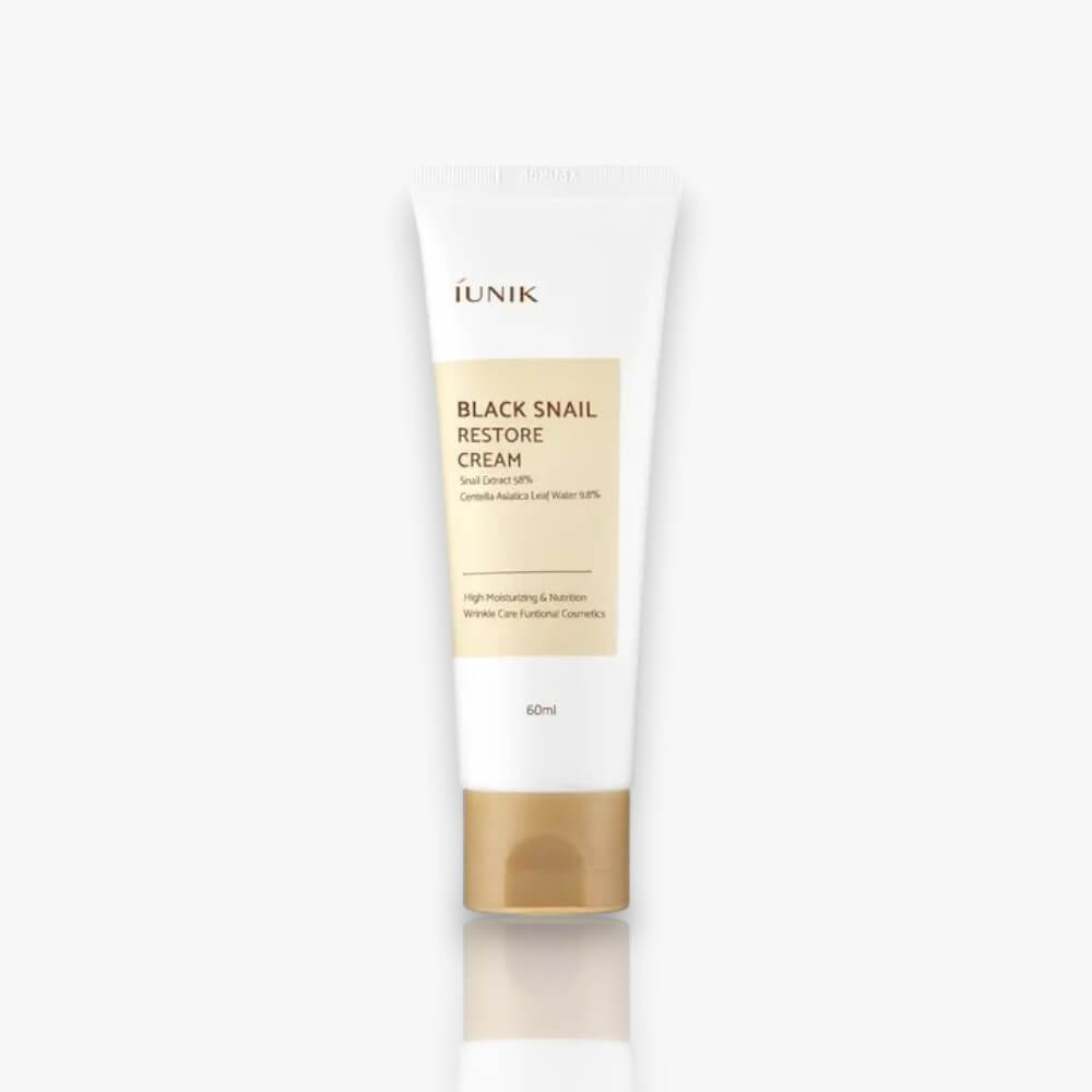Iunik Black Snail Restore Cream, crème régénérante à base de mucus d'escargot noir, conçue pour réparer, hydrater et améliorer l'apparence de la peau.