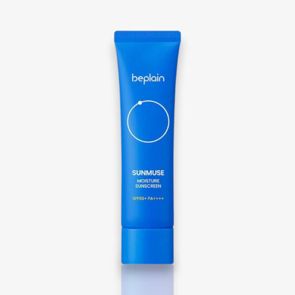 Tube de Beplain - Sunmuse Moisture Sunscreen SPF50+, crème solaire hydratante à la glycérine et au niacinamide, offrant une protection UVA/UVB et une finition douce.